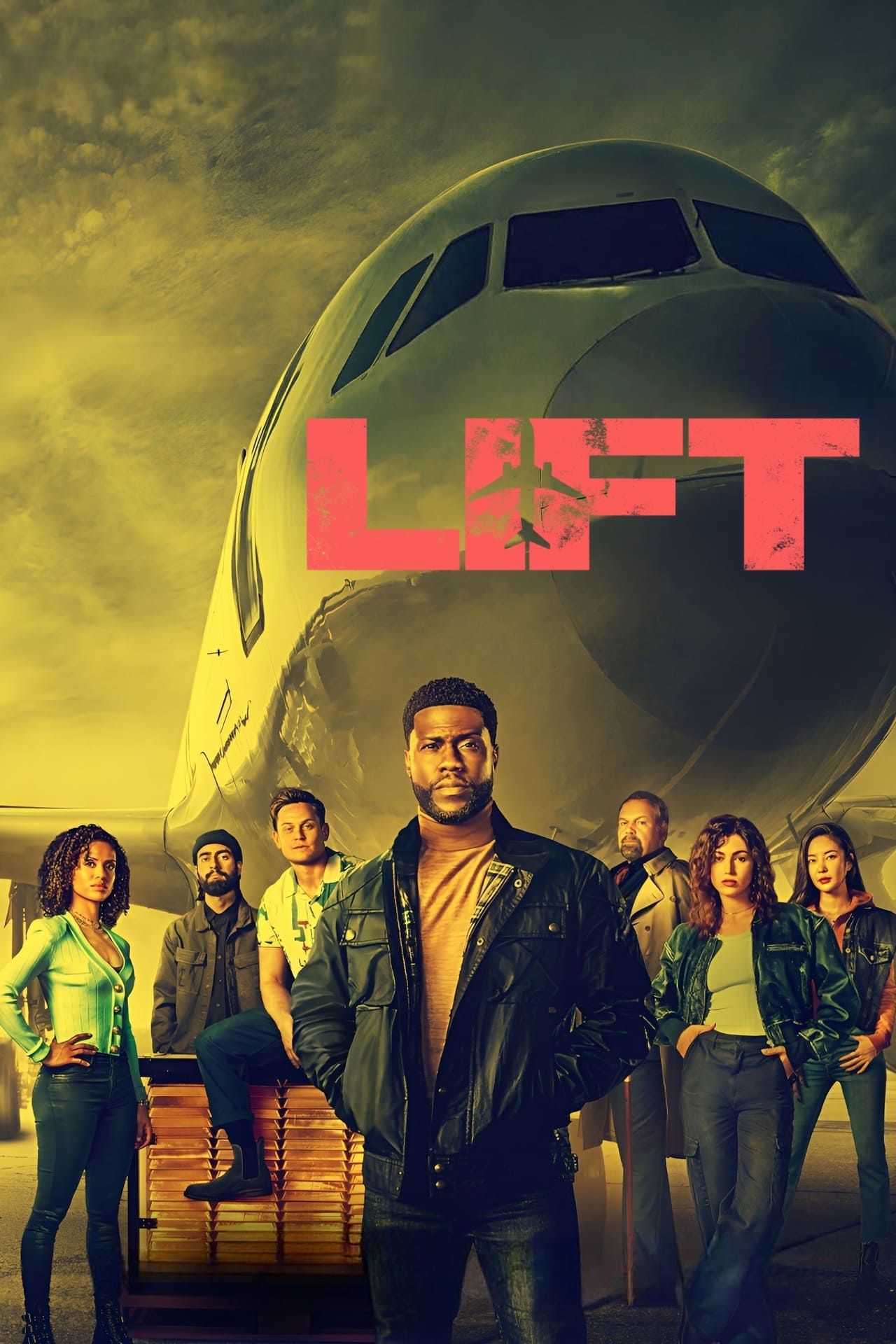 Afis de film Lift cu Kevin Hart si distributia stand in fata unui avion